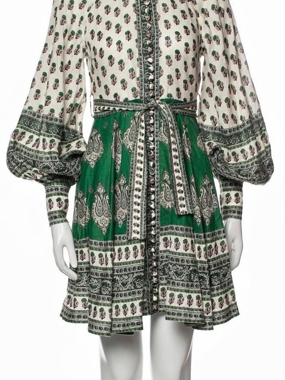 Zimmermann Anneke Spliced Lantern Mini Dress Green & Cream